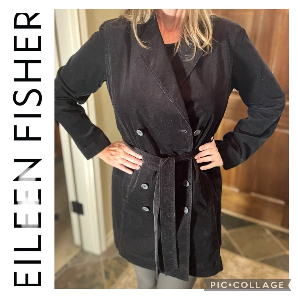 🦋Eileen Fisher Cotton Fine Corduroy Black Double Breasted Belted Jacket🦋